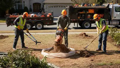 Columbus, OH tree service crew removing overgrown shrubs from a residential yard