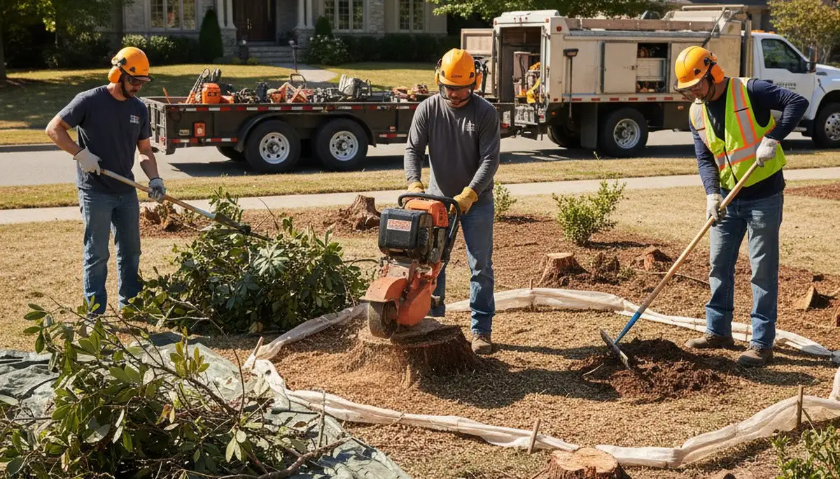 Columbus, OH crew removing overgrown shrubs for safe, efficient yard cleanup