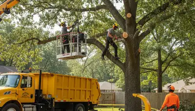 Columbus, OH tree removal crew safely removing a hazardous tree for a local homeowner