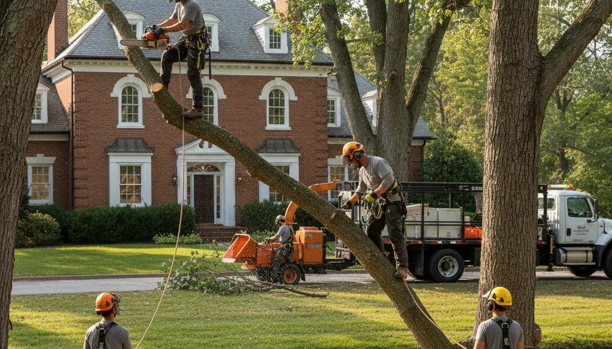 Tree service crew in Columbus, OH removing a tree for safe residential property care