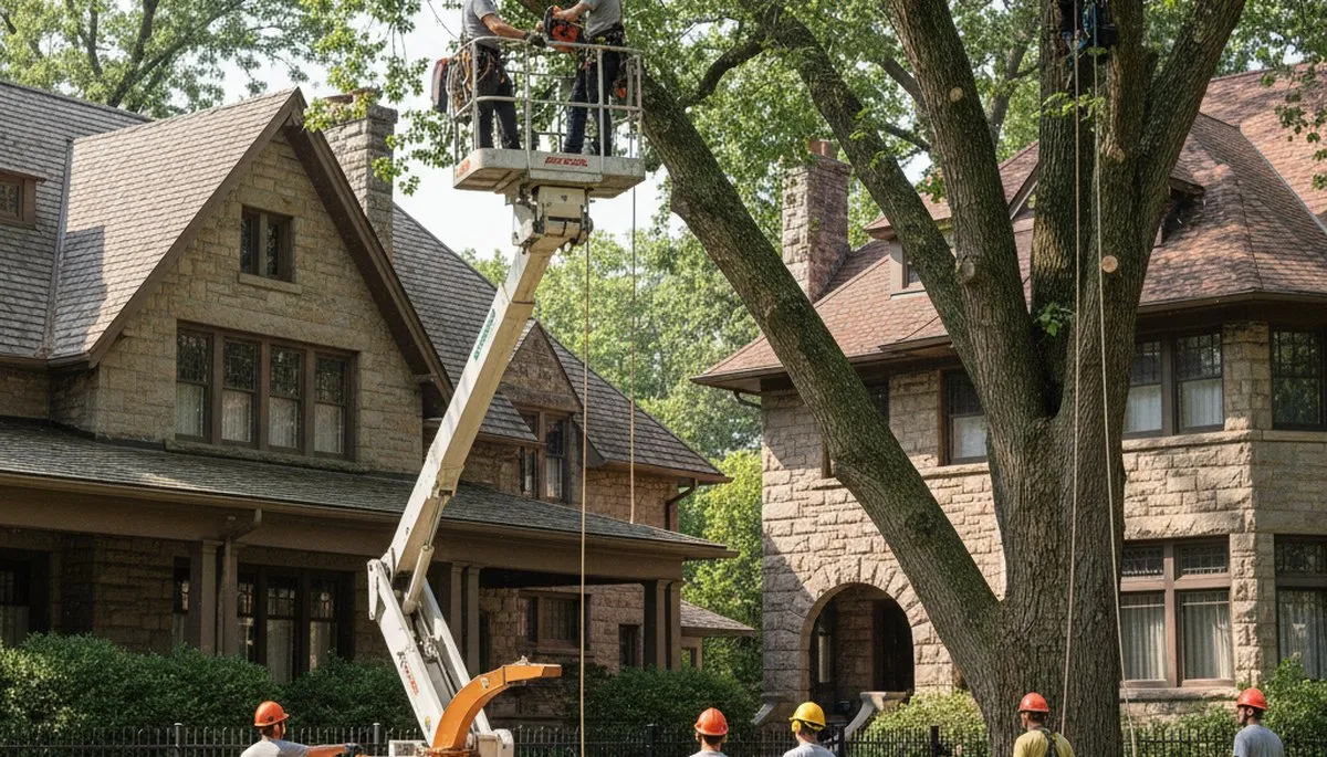 Tree service crew removing a large tree in Columbus, OH with professional equipment