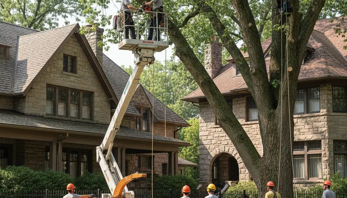 Tree service crew removing a large tree in Columbus, OH with professional equipment