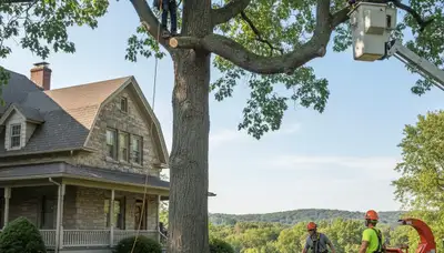 Tree service crew in Columbus, OH providing safe tree removal and cleanup for a residential property