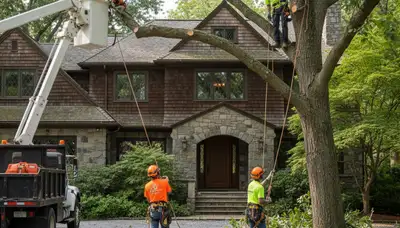 Tree service crew removing a tree in Columbus, OH for safe residential property clearance