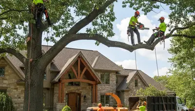 Tree service crew in Columbus, OH handling professional tree removal and trimming for homeowners