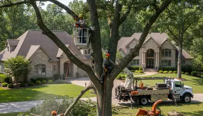 Tree service crew in Columbus, OH performing professional tree removal and trimming for a local property