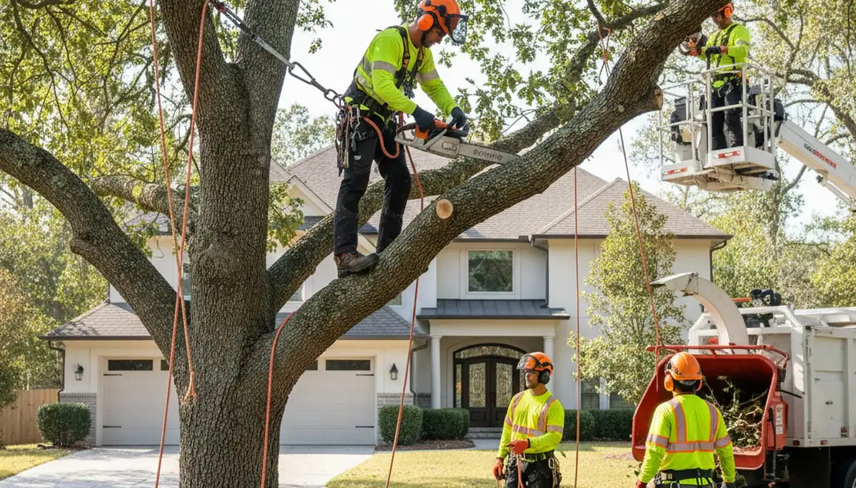 Columbus, OH tree service crew trimming trees for safe, professional residential care