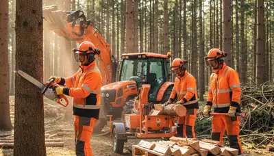Woodlot management crew in Columbus, OH clearing wooded acreage for safer, healthier trees
